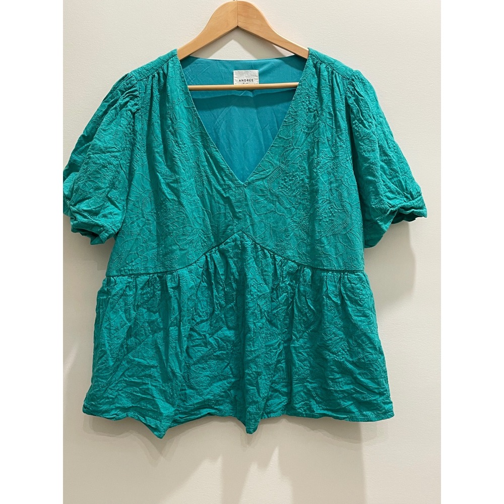 Andree by Unit Womens 2X Teal Green Floral Embroidered Babydoll Puff Sleeve Top